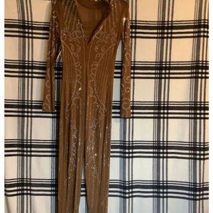 Massmode Mocha Sequin Mesh Long Sleeve Jumpsuit Women's Size L